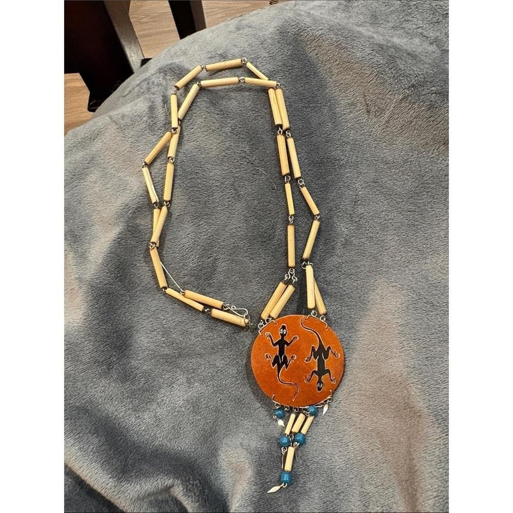 9-Handmade native Orange Leather Pendant Necklace with Beige Bead Strand ArT